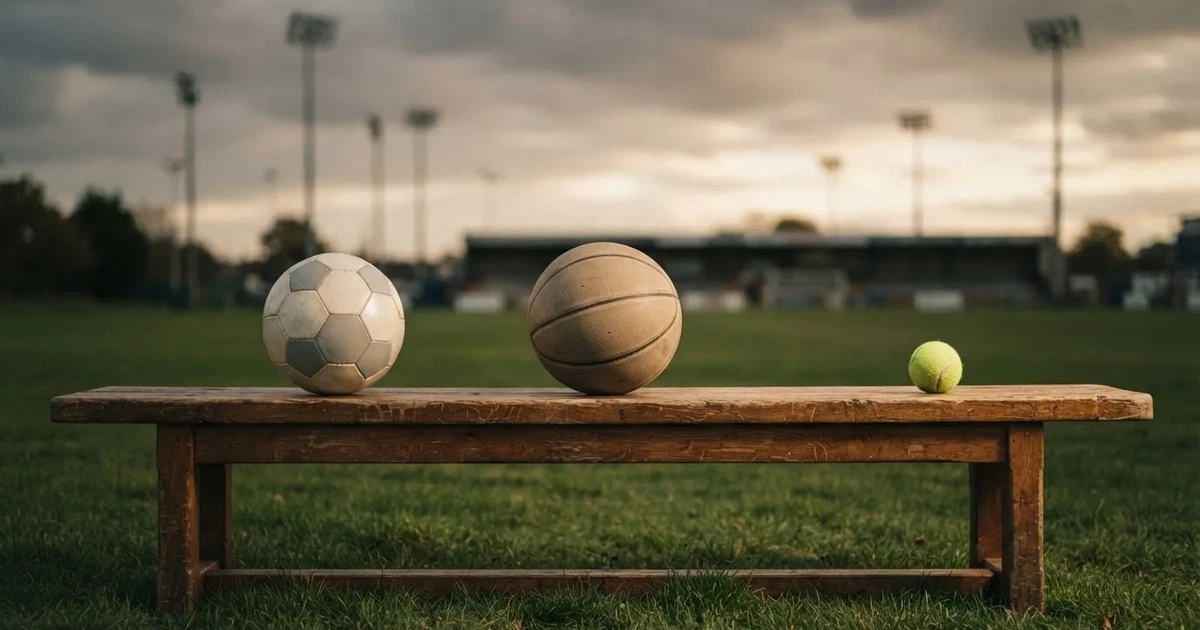 Tres balones de distintos tipos, uno junto a otro, sobre un banco de madera