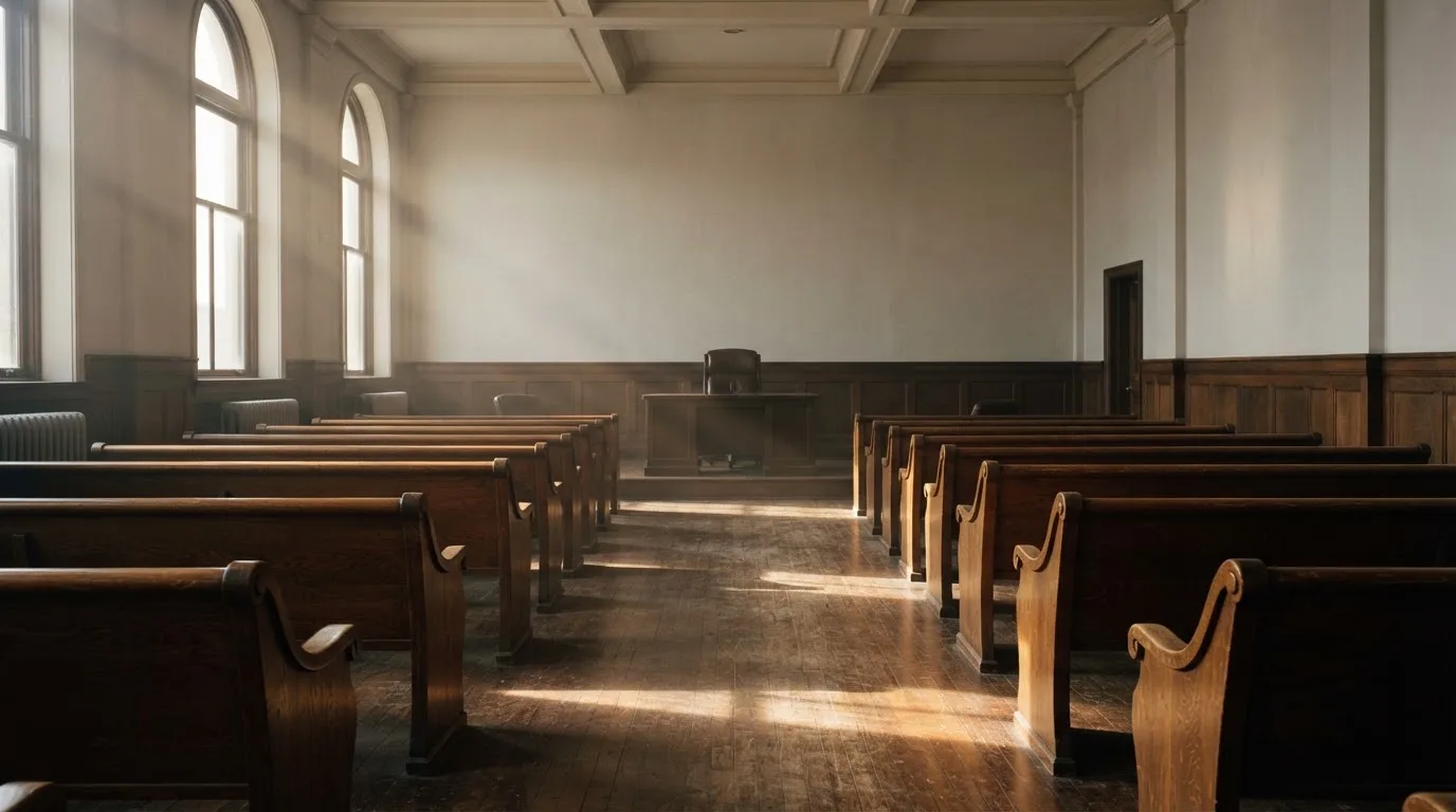 Una sala de tribunal vacía con bancos de madera a la luz de la mañana