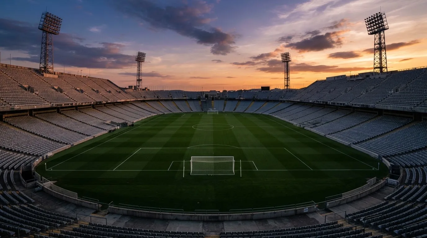 Un estadio de fútbol vacío con torres de iluminación al atardecer