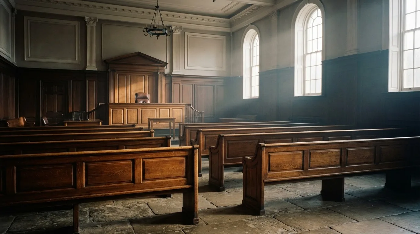 Una sala de tribunal vacía con bancos de madera a la luz de la mañana