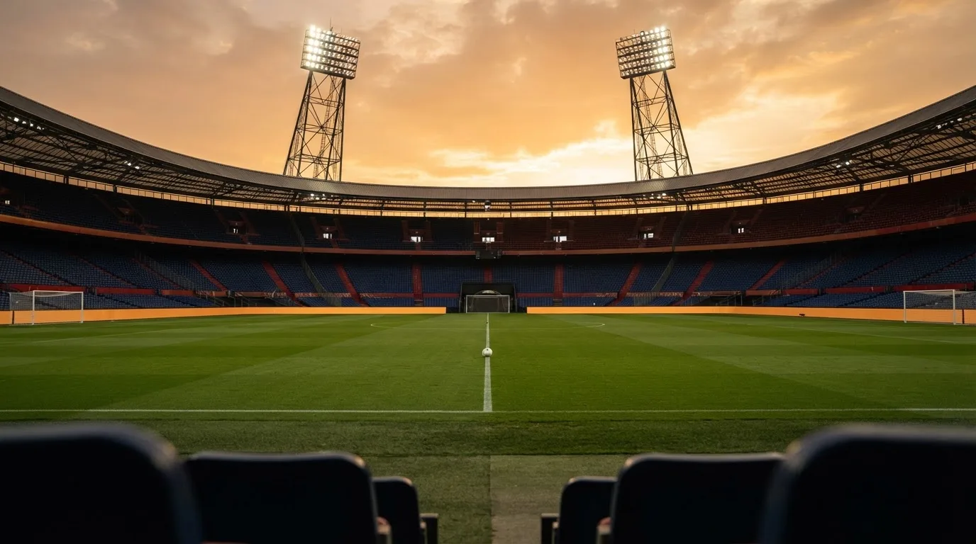 Un estadio de fútbol vacío con torres de iluminación al atardecer