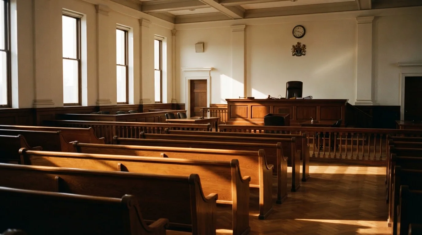 Una sala de tribunal vacía con bancos de madera a la luz de la mañana