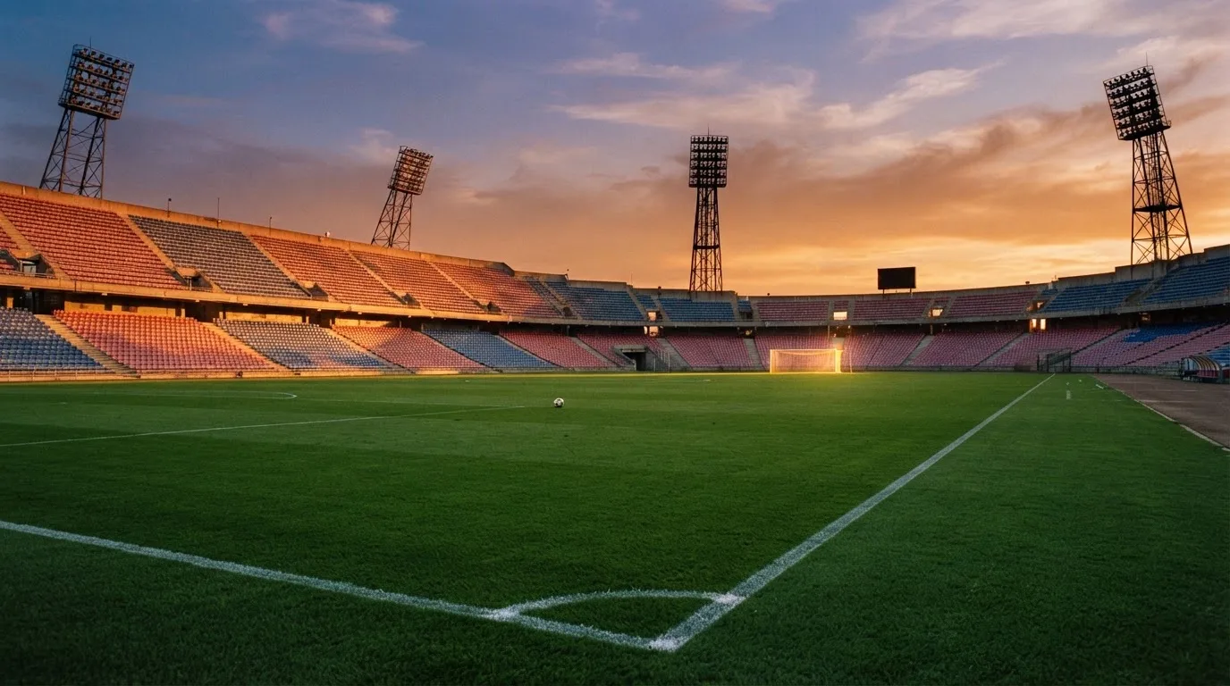 Un estadio de fútbol vacío con torres de iluminación al atardecer
