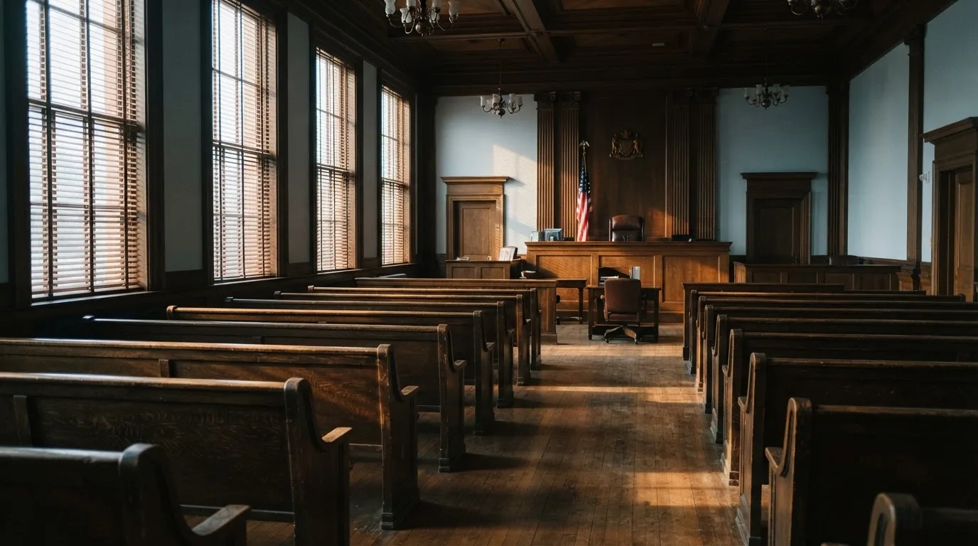 Una sala de tribunal vacía con bancos de madera a la luz de la mañana
