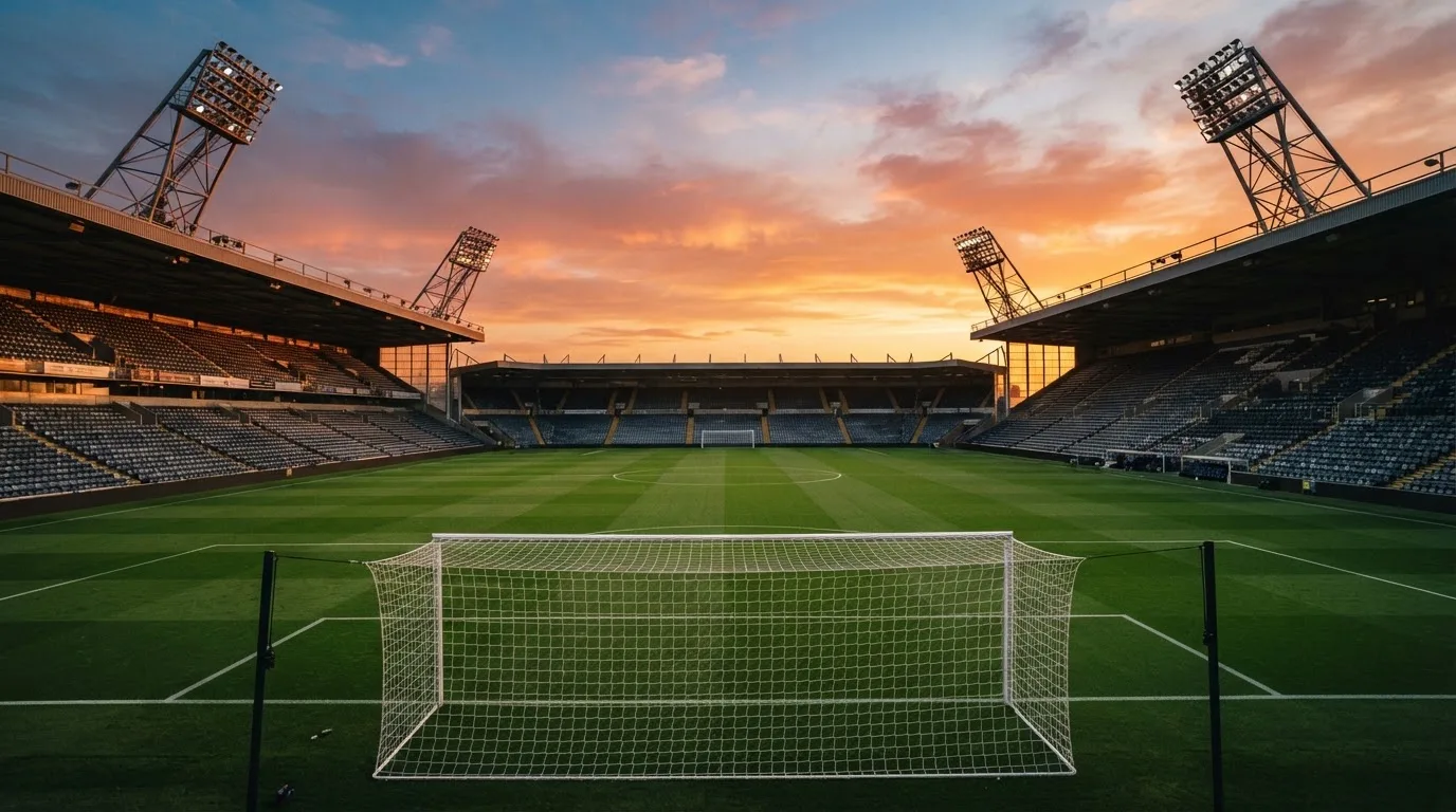 Un estadio de fútbol vacío con torres de iluminación al atardecer