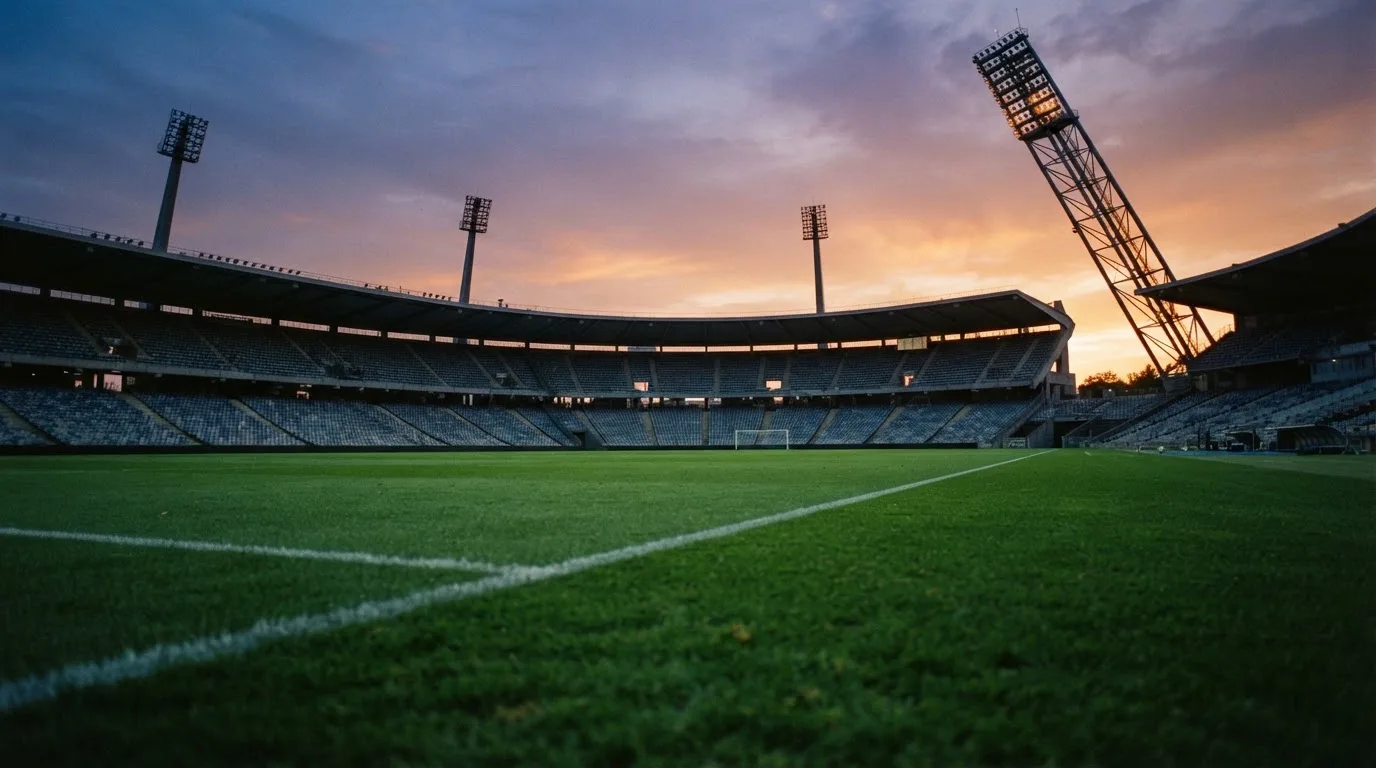 Un estadio de fútbol vacío con torres de iluminación al atardecer
