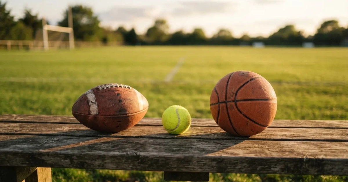 Tres balones de distintos tipos, uno junto a otro, sobre un banco de madera