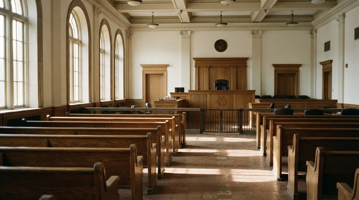 Una sala de tribunal vacía con bancos de madera a la luz de la mañana