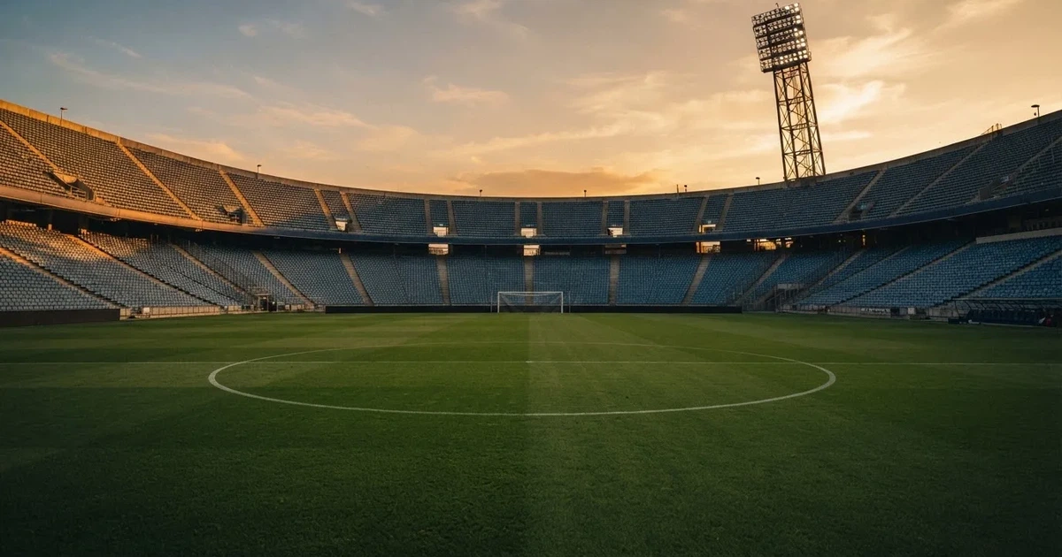 Un estadio de fútbol vacío con torres de iluminación al atardecer