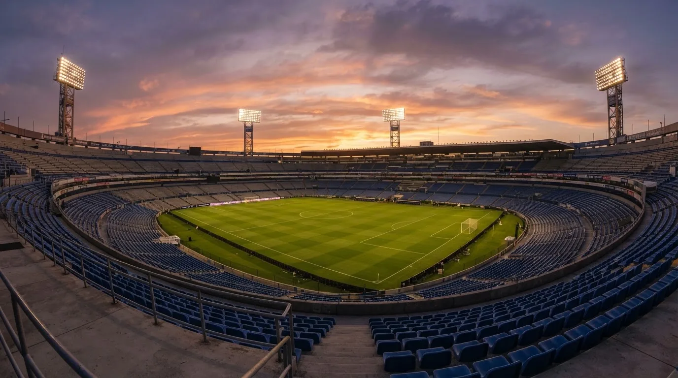Un estadio de fútbol vacío con torres de iluminación al atardecer