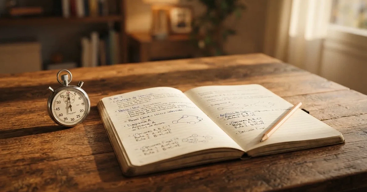 Un cuaderno abierto con un lápiz y un cronómetro sobre una mesa de madera