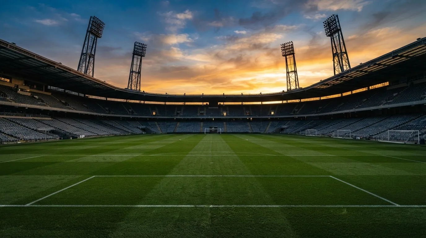 Un estadio de fútbol vacío con torres de iluminación al atardecer