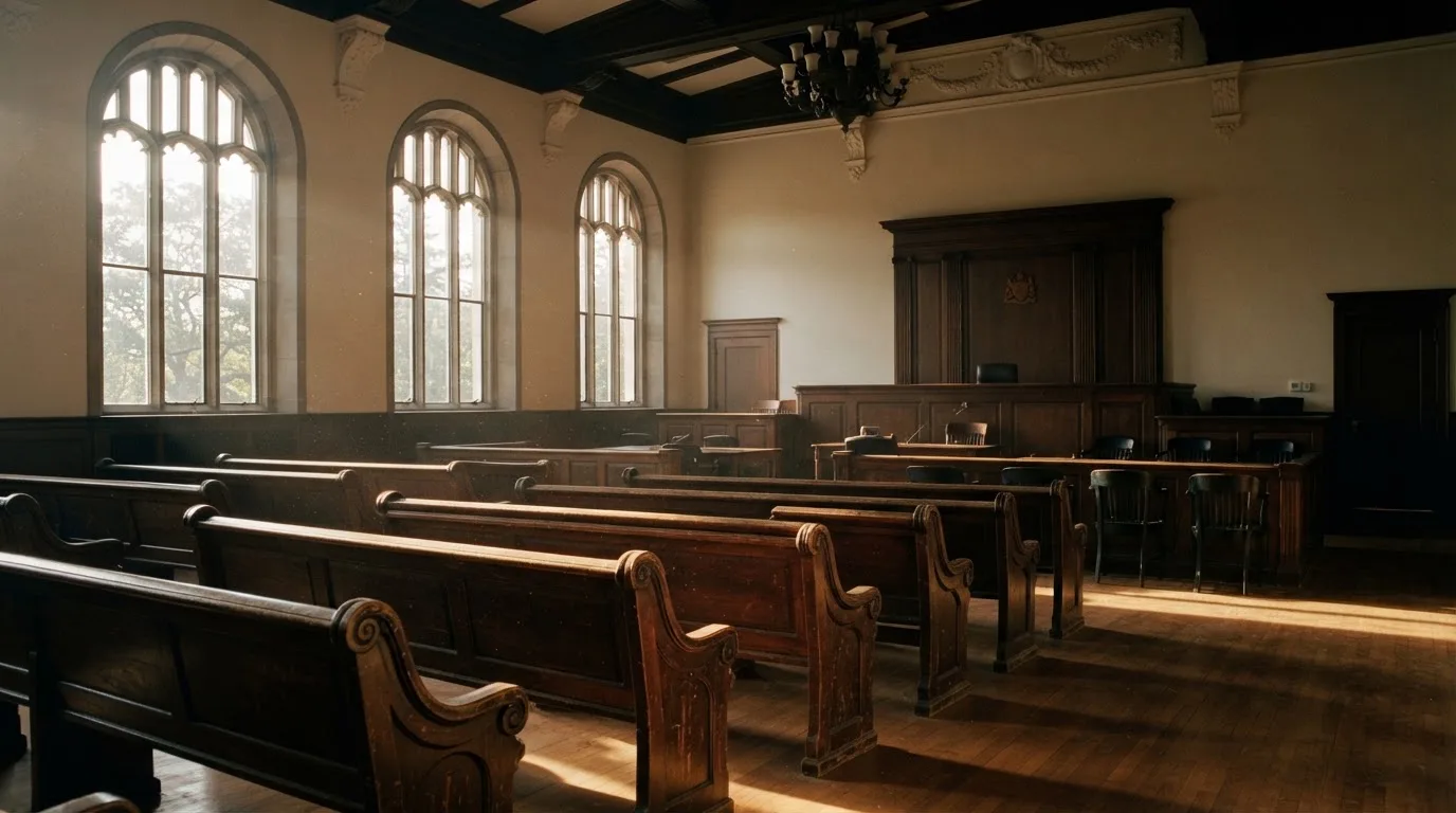 Una sala de tribunal vacía con bancos de madera a la luz de la mañana