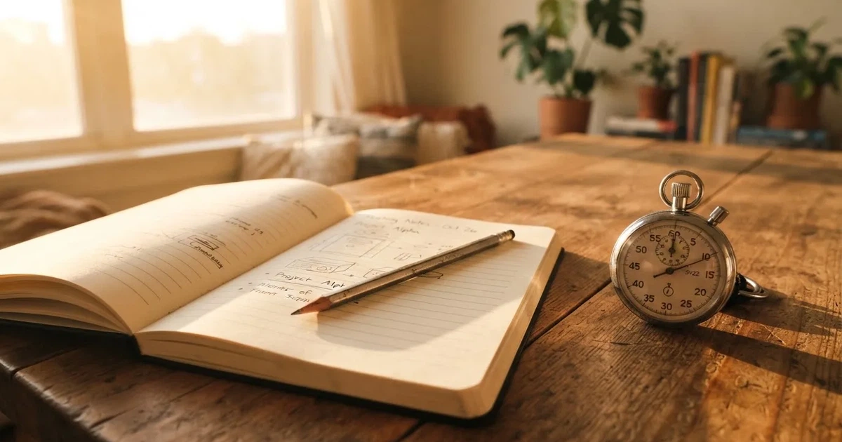 Un cuaderno abierto con un lápiz y un cronómetro sobre una mesa de madera