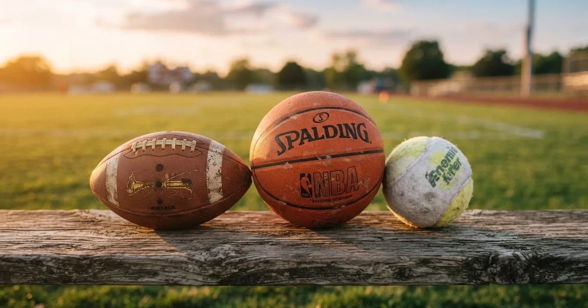 Tres balones de distintos tipos, uno junto a otro, sobre un banco de madera